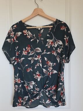 West Kei Dark Green Floral Twist-Front Blouse